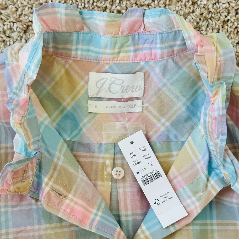 🌈 New 🌈 J Crew Classic-Fit Cotton-Silk Voile Ruffleneck Shirt in Pastel Plaid - Picture 9 of 13